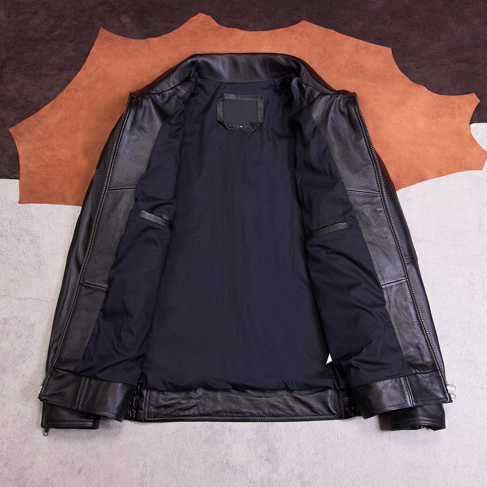 Top layer cowhide lapel leather jacket men's casual black leather jacket jacket zipper short simple men's clothes