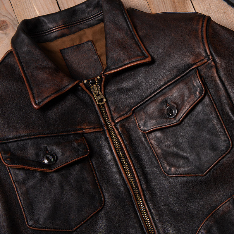 American vintage Mendoza washed farmer stone milled old top layer cowhide motorcycle leather jacket jacket