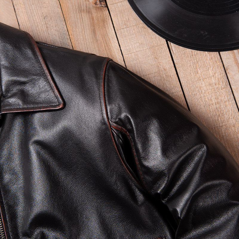 A2 flight suit leather jacket men's leather vintage lapel air force flight suit jacket top layer cowhide plus size leather jacket