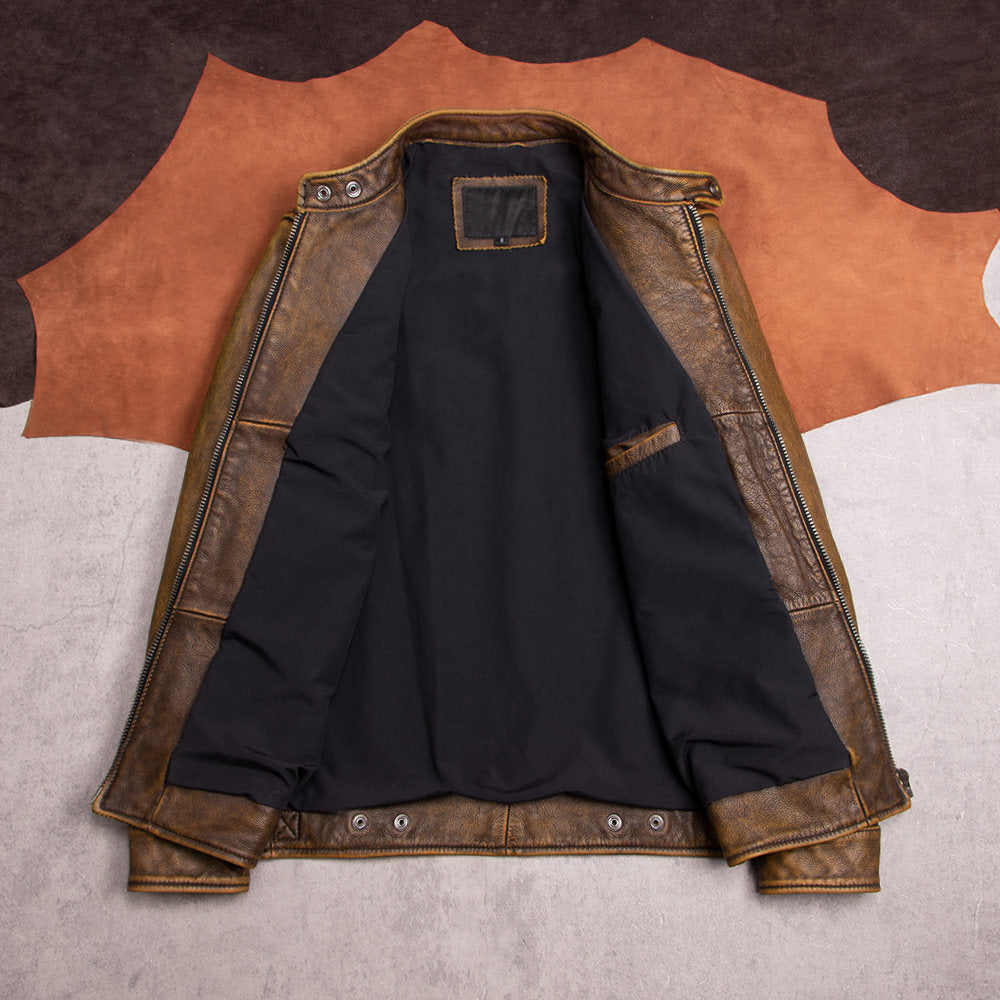 Vintage stand-up collar cycling uniform leather jacket men's top layer cowhide leather motorcycle jacket autumn and winter jacket yellow-brown