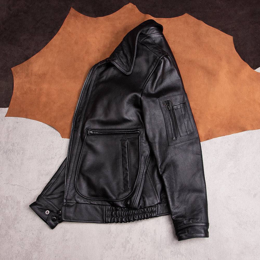 Top layer cowhide leather jacket men's autumn and winter new Korean version slim black jacket cropped top men's casual