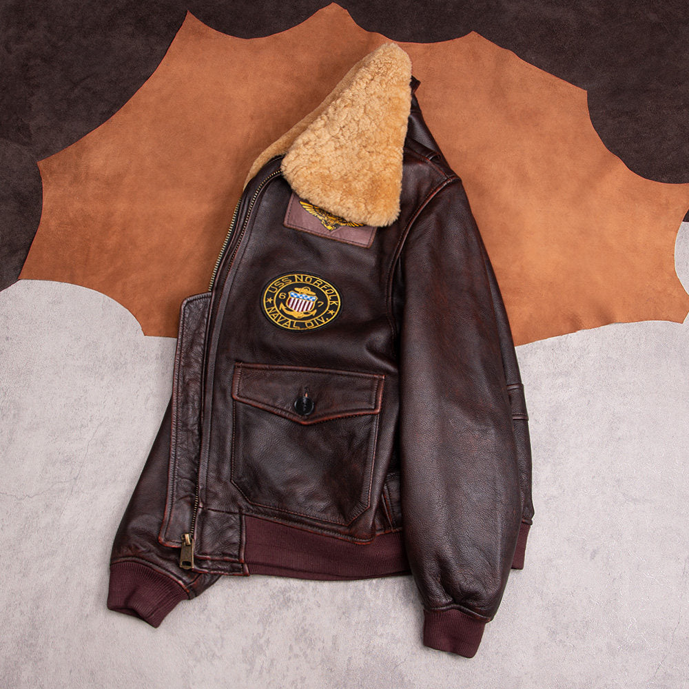 G1 flight suit top layer cowhide leather leather jacket men's motorcycle jacket made of old stone mill plus cotton plus size fur collar jacket