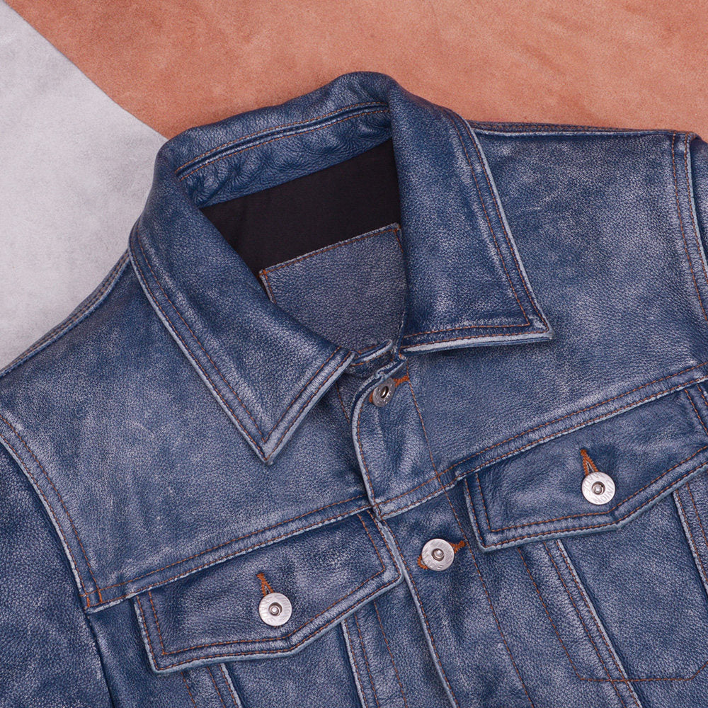 507 Ami click top layer cowhide leather leather jacket denim vintage stone mill old men's lapel jacket washed