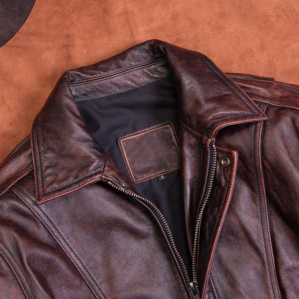 Retro men's and women's Hong Kong-style leather jackets, loose daddy leather jackets, retro distressed cowhide lapels, wide jackets