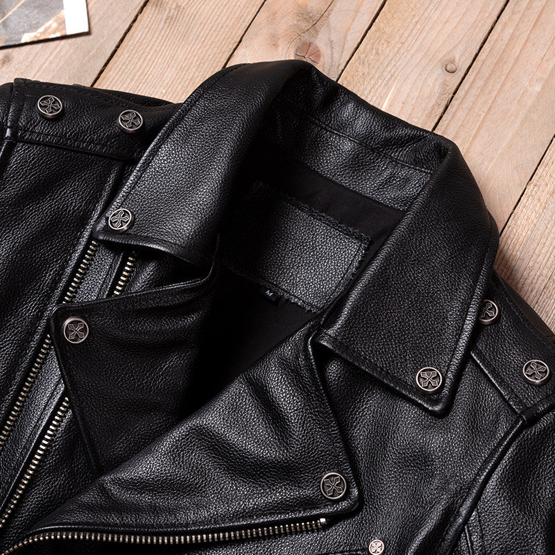 Black top layer cowhide men's leather jacket multi-zip motorcycle suit vintage Harley riding spring and autumn motorcycle suit men's style