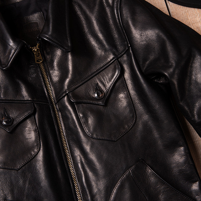 Vintage Mendoza Farmer Cowhide Heavy Washed Genuine Leather Autumn Winter Lapel Classic Casual Leather Jacket Jacket Black
