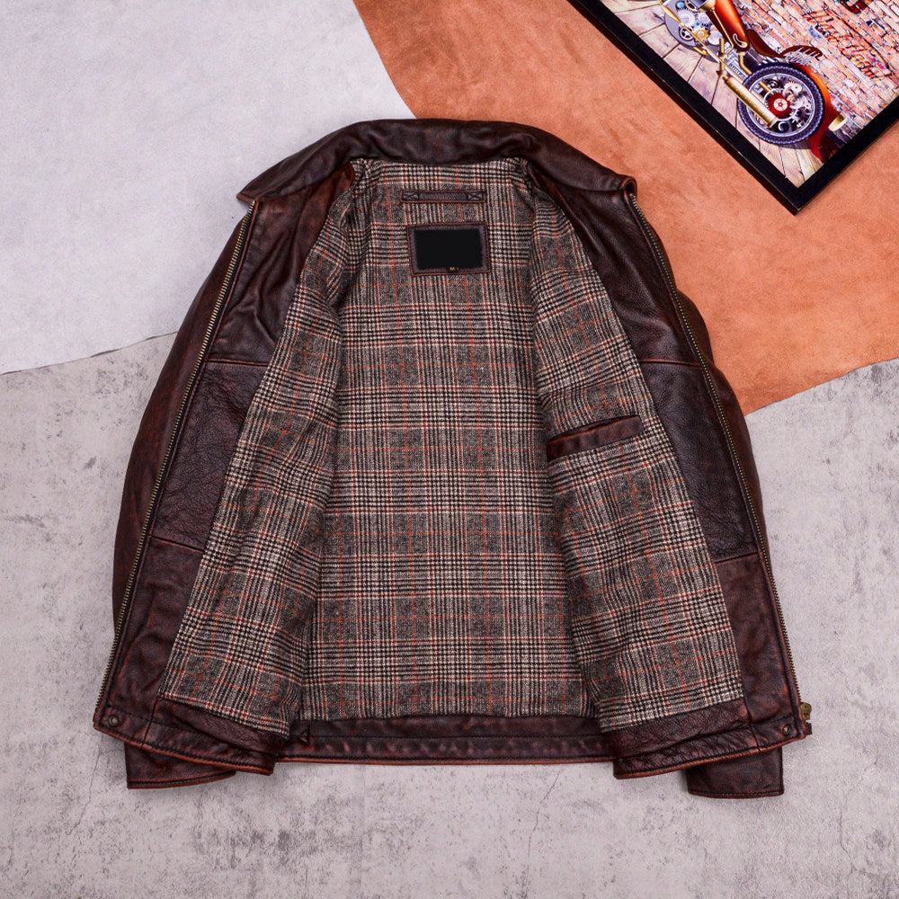 Mulholland Road soft top layer cowhide loose casual leather jacket brown genuine leather jacket men's coat cropped top