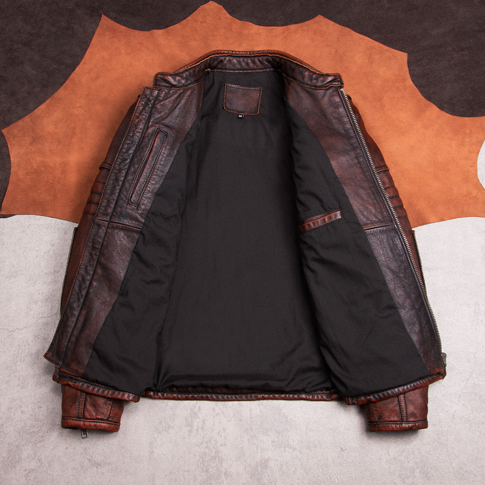 Heavy Harley motorcycle suit top layer cowhide leather jacket men's riding leather jacket vintage distressed stand-up collar jacket