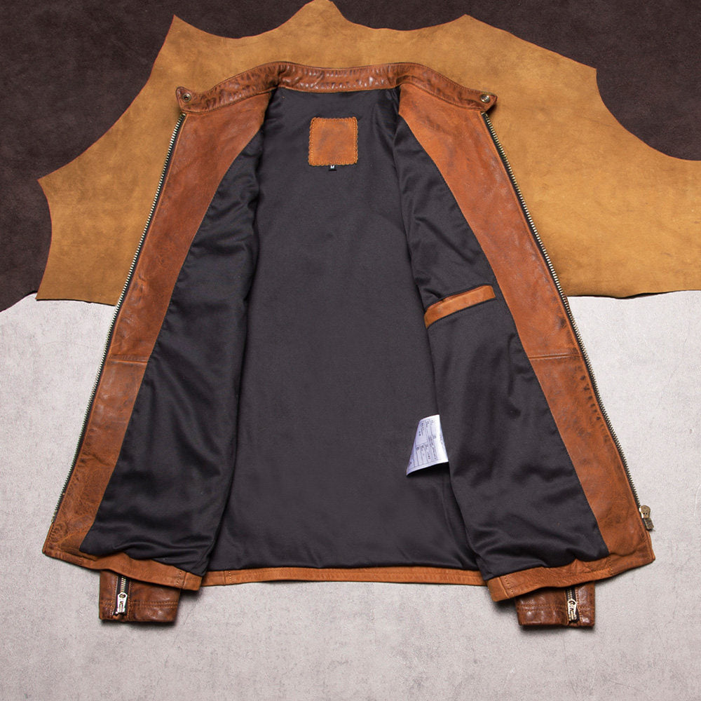 American vintage men's full-grain uncoated matte venom jacket top layer cowhide short stand-up collar leather jacket