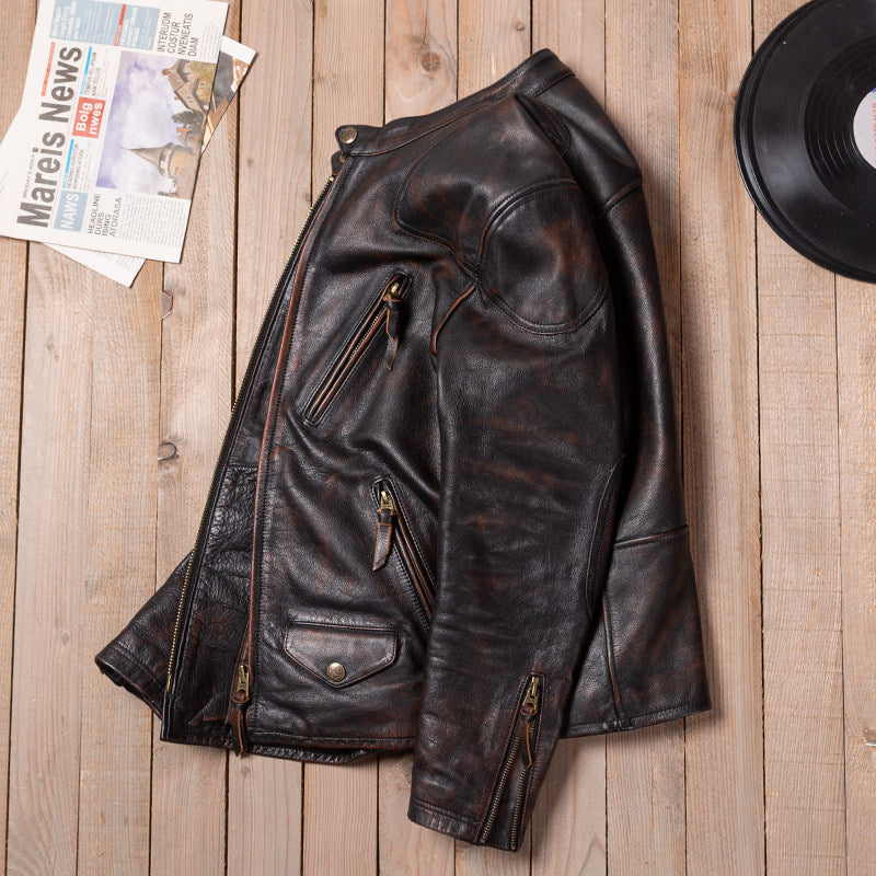 Venom hand-polished top layer calfskin men's slim stand-up collar leather leather motorcycle riding leather jacket jacket
