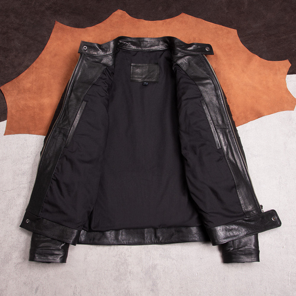 Vegetable-tanned sheepskin leather jacket men's motorcycle short stand-up collar jacket fashion trend black casual top jacket