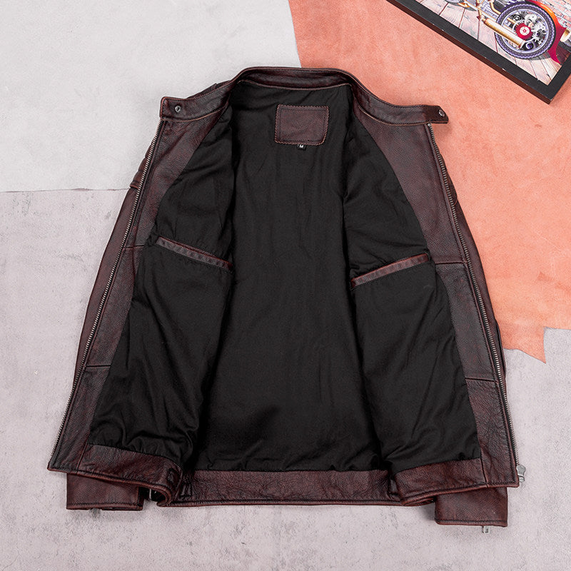 Heavy top layer cowhide leather jacket men's stand-up collar slim motorcycle suit vintage distressed short plus size leather jacket