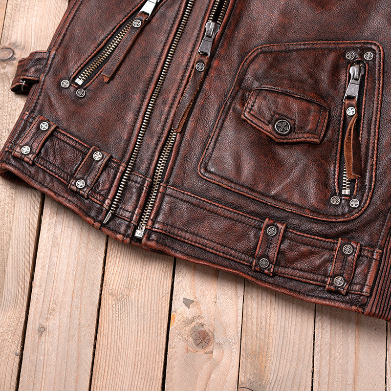 Reddish-brown Harley vest locomotive top layer cowhide leather leather jacket men's short cycling leather vest multi-zip pocket
