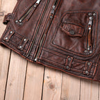 Reddish-brown Harley vest locomotive top layer cowhide leather leather jacket men's short cycling leather vest multi-zip pocket