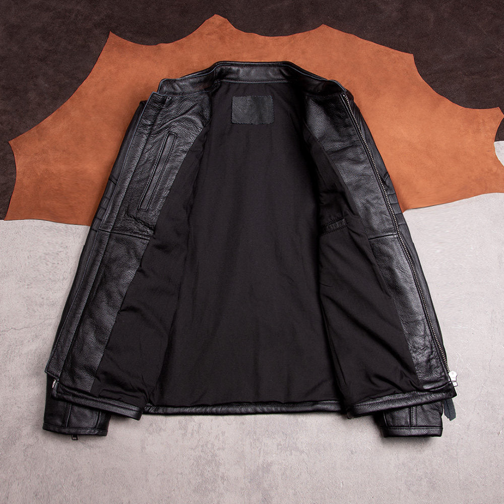Top layer cowhide men's slim leather jacket leather jacket stand-up collar short cycling motorcycle casual top autumn and winter