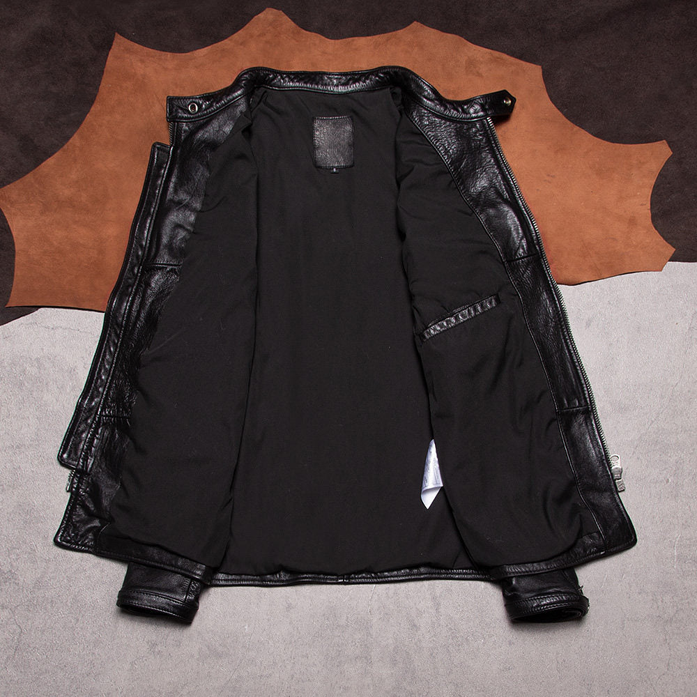 Stand-up collar motorcycle leather jacket vegetable-tanned top layer cowhide jacket men's leather slim cycling suit leather jacket