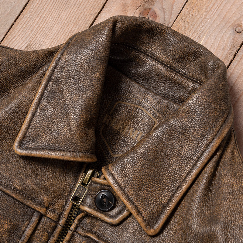 Jason's same American vintage men's top layer cowhide leather motorcycle leather jacket lapel short slim leather jacket jacket