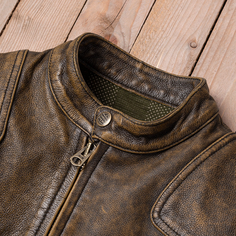 Venom yellow brown top layer calf leather men's classic leather jacket motorcycle riding jacket new arrival stand-up collar top vintage