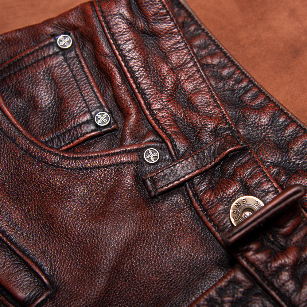 Men's leather pants, top layer cowhide, vintage distressed motorcycle riding trousers, men's slim fit