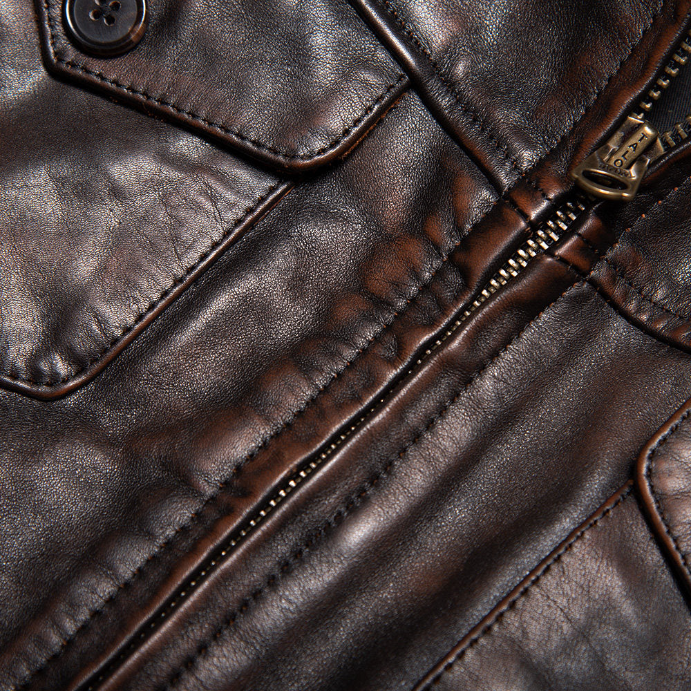 Mendoza RL American Vintage Leather Jacket Lapel Slim Tea Core Top Layer Cowhide Jacket Motorcycle Men's Vintage Jacket