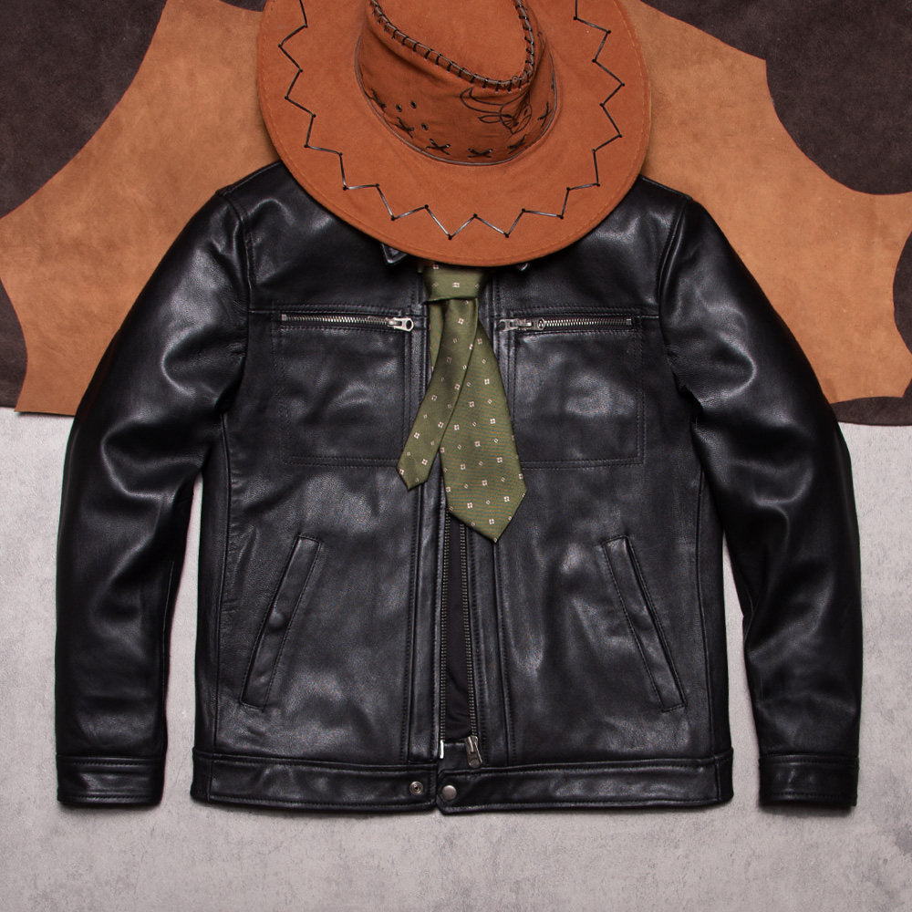 Brad Pitt's matching vintage suede leather jacket slim leather jacket men's cropped lapel biker jacket