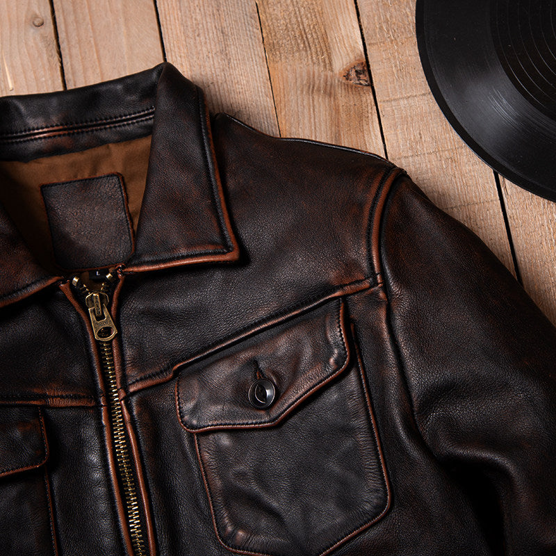 American vintage Mendoza washed farmer stone milled old top layer cowhide motorcycle leather jacket jacket