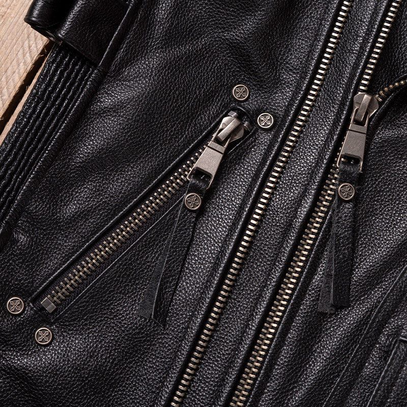 Black Harley motorcycle vest top layer cowhide leather jacket men's short cycling leather vest with multiple zipper pockets