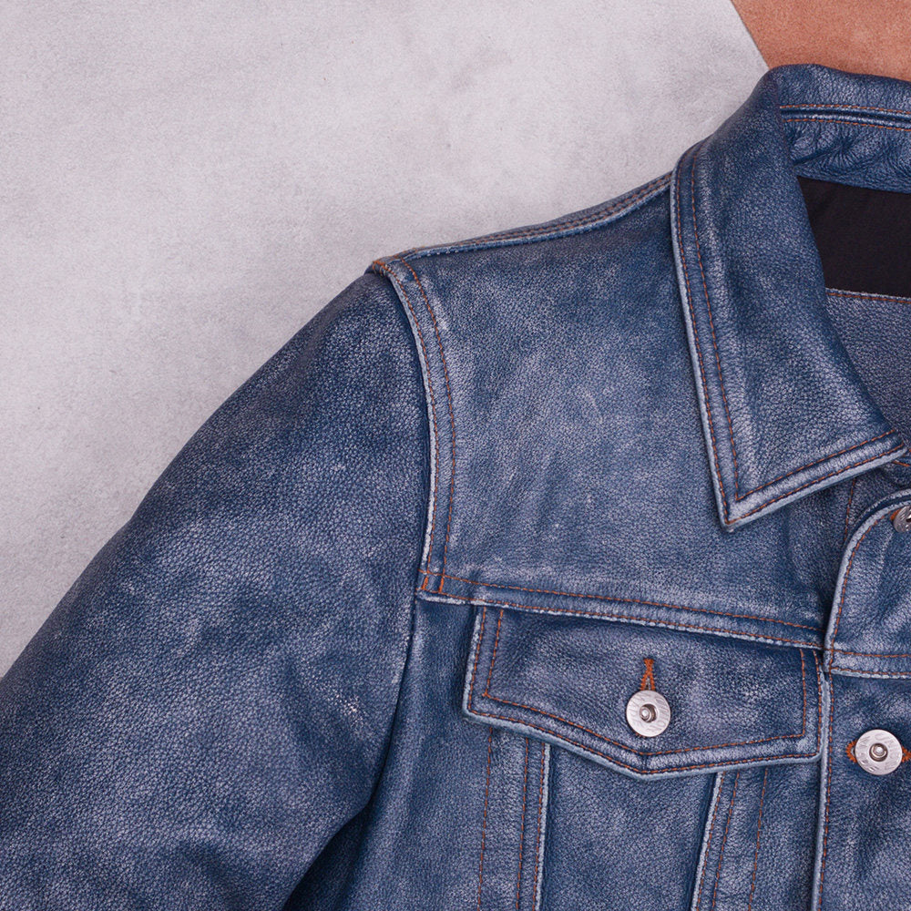 507 Ami click top layer cowhide leather leather jacket denim vintage stone mill old men's lapel jacket washed