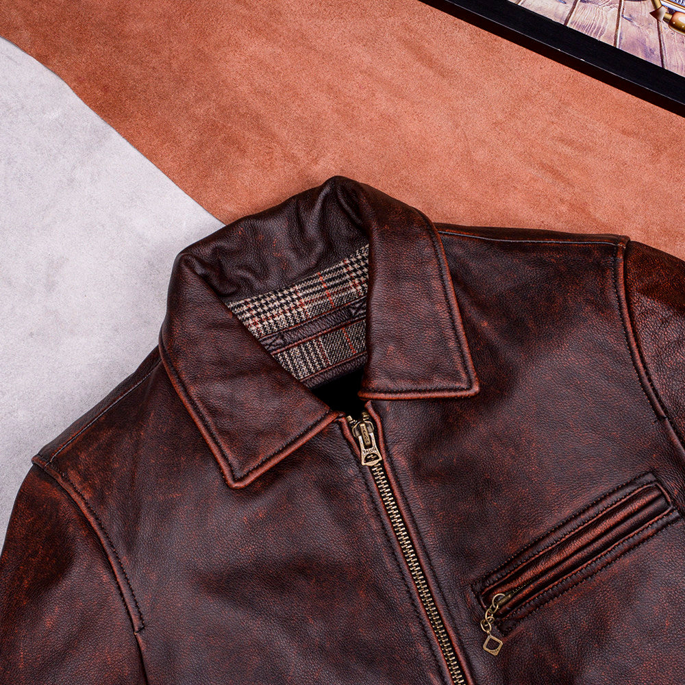 Mulholland Road soft top layer cowhide loose casual leather jacket brown genuine leather jacket men's coat cropped top