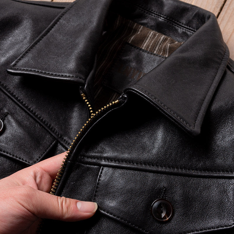 Classic Vintage Mendoza Farmer Genuine Leather Jacket Men's Vegetable-Tanned Sheepskin Lapel Slim Fit Leather Jacket Jacket