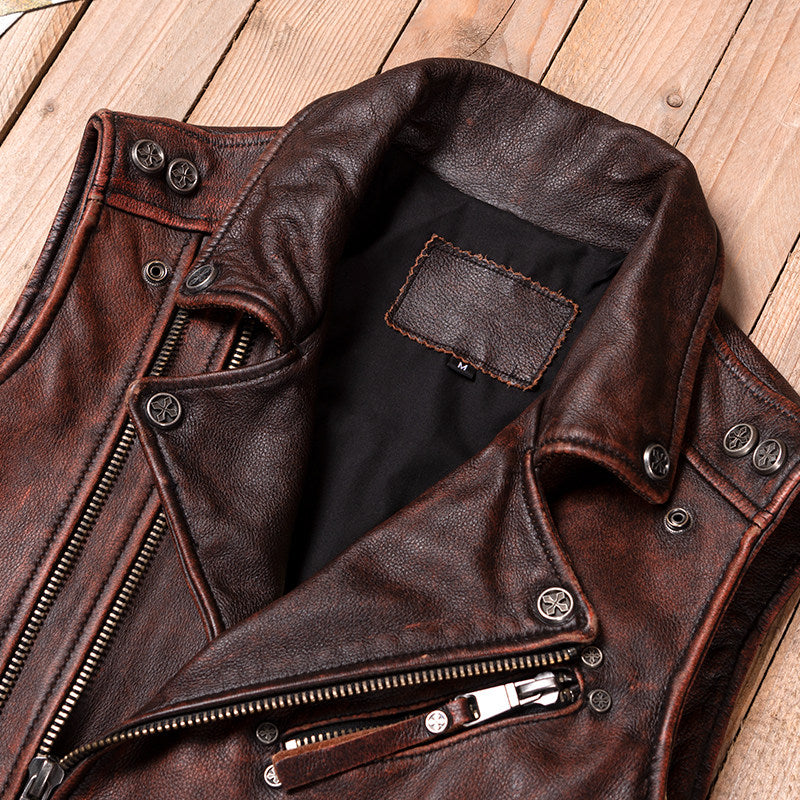 Reddish-brown Harley vest locomotive top layer cowhide leather leather jacket men's short cycling leather vest multi-zip pocket