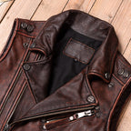 Reddish-brown Harley vest locomotive top layer cowhide leather leather jacket men's short cycling leather vest multi-zip pocket