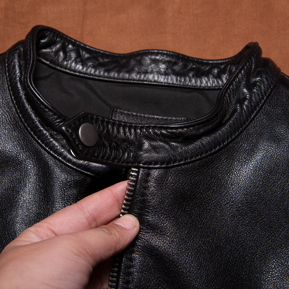 Stand-up collar motorcycle leather jacket vegetable-tanned top layer cowhide jacket men's leather slim cycling suit leather jacket