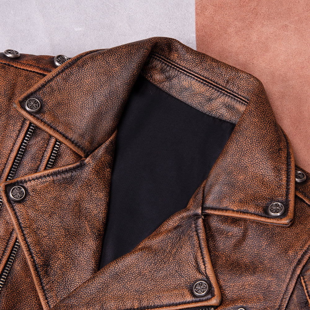 Classic Harley motorcycle suit top layer cowhide leather leather jacket men's nostalgic retro old leather jacket motorcycle jacket
