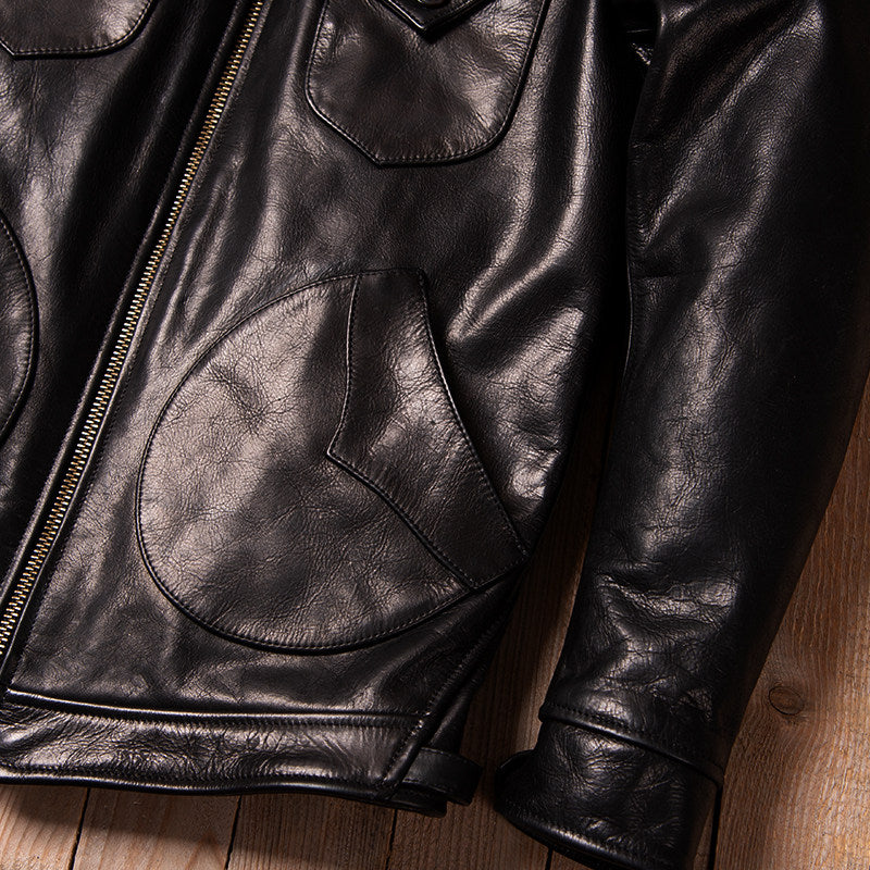 Vintage Mendoza Farmer Cowhide Heavy Washed Genuine Leather Autumn Winter Lapel Classic Casual Leather Jacket Jacket Black