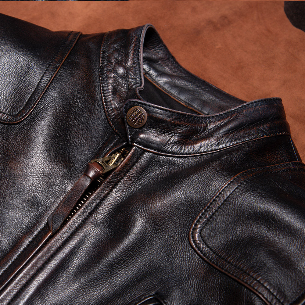 Tea core cowhide venom leather leather jacket men's washed old Tom Hardy classic vintage motorcycle leather jacket