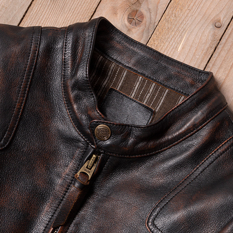 Venom hand-polished top layer calfskin men's slim stand-up collar leather leather motorcycle riding leather jacket jacket