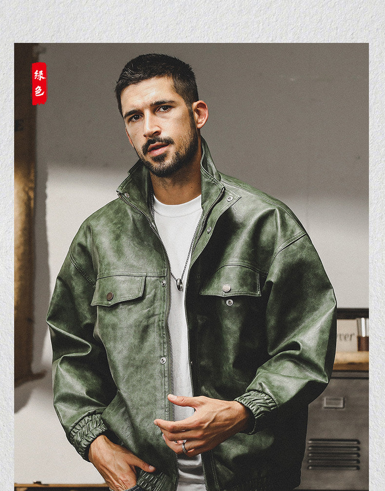 American classic retro soft leather jacket men's loose motorcycle uniform spring trendy brand tough guy leather jacket jacket men's spring and autumn style