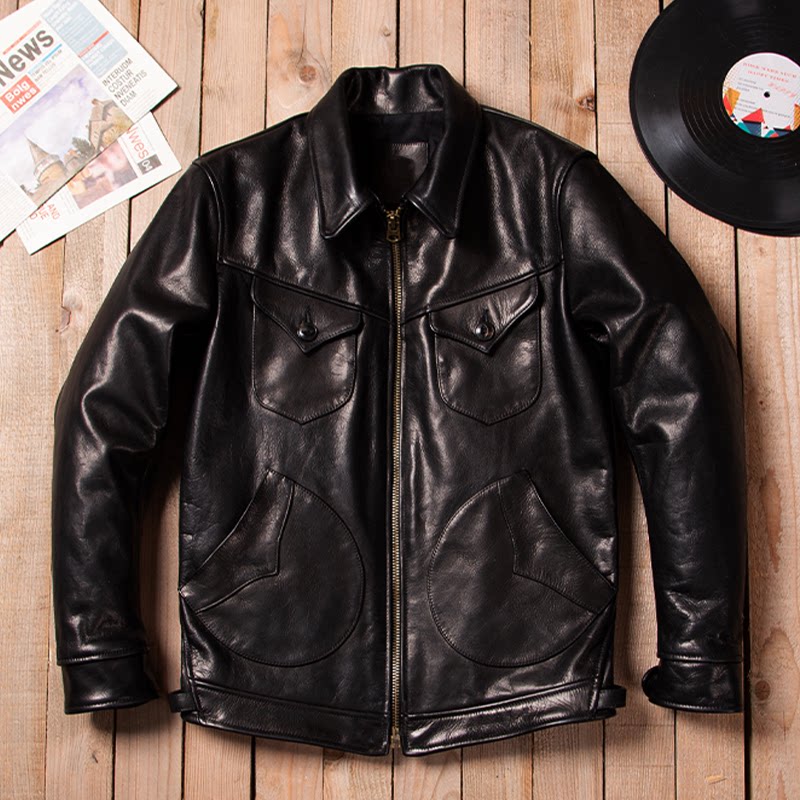 Vintage Mendoza Farmer Cowhide Heavy Washed Genuine Leather Autumn Winter Lapel Classic Casual Leather Jacket Jacket Black