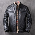 New genuine leather jacket short top layer cowhide biker jacket men's stand-up collar slim jacket thin