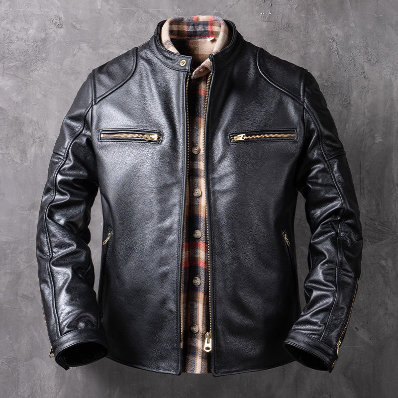 New genuine leather jacket short top layer cowhide biker jacket men's stand-up collar slim jacket thin