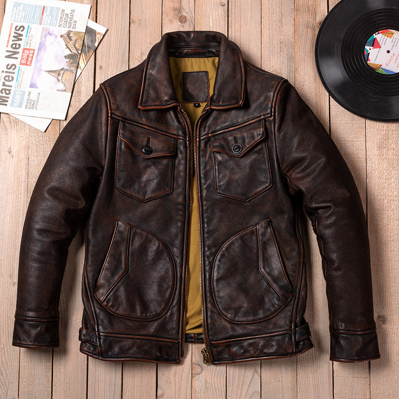 American Vintage Mendoza Washed Farmer Stone-Ground Distressed First-Layer Cowhide Motorcycle Leather Jacket