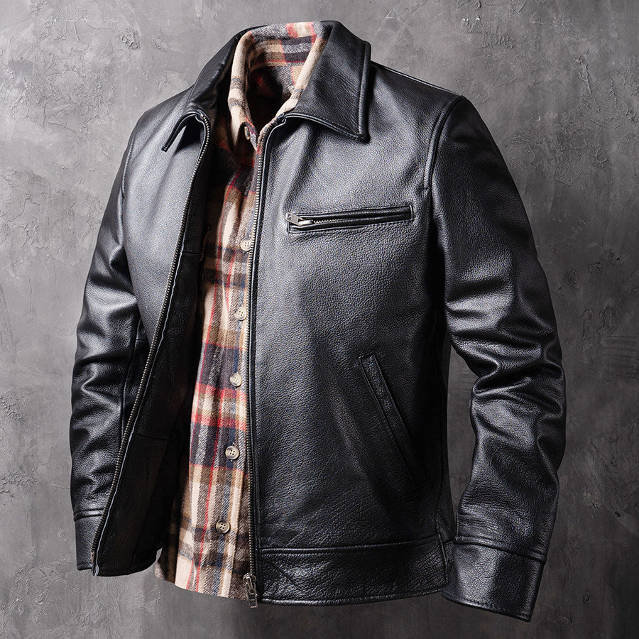 Spring and Autumn New Genuine Leather Jackets, Men's Cowhide Motorcycle Jackets, Short Lapel Jackets, Thin Fashion Trends