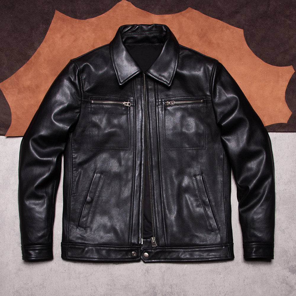 Brad Pitt's matching vintage suede leather jacket slim leather jacket men's cropped lapel biker jacket