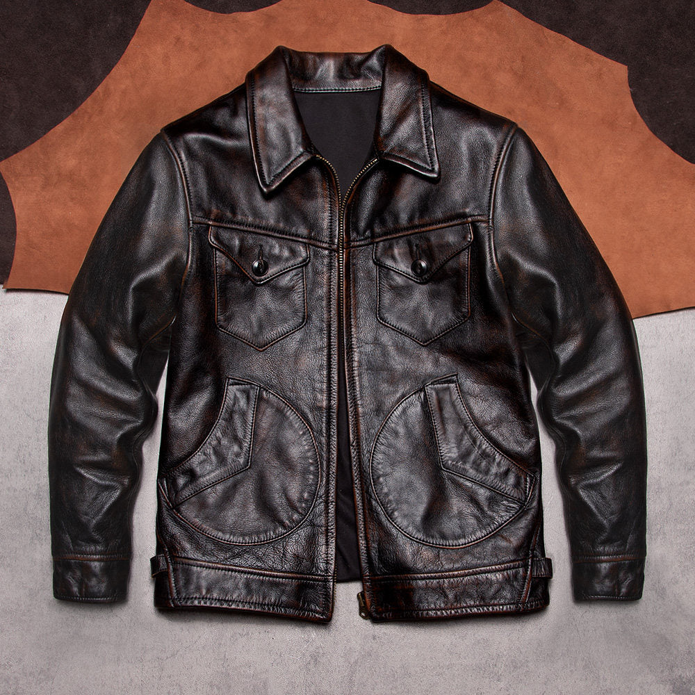 Classic American vintage Mendoza tea core top layer cowhide leather jacket men's jacket motorcycle leather jacket