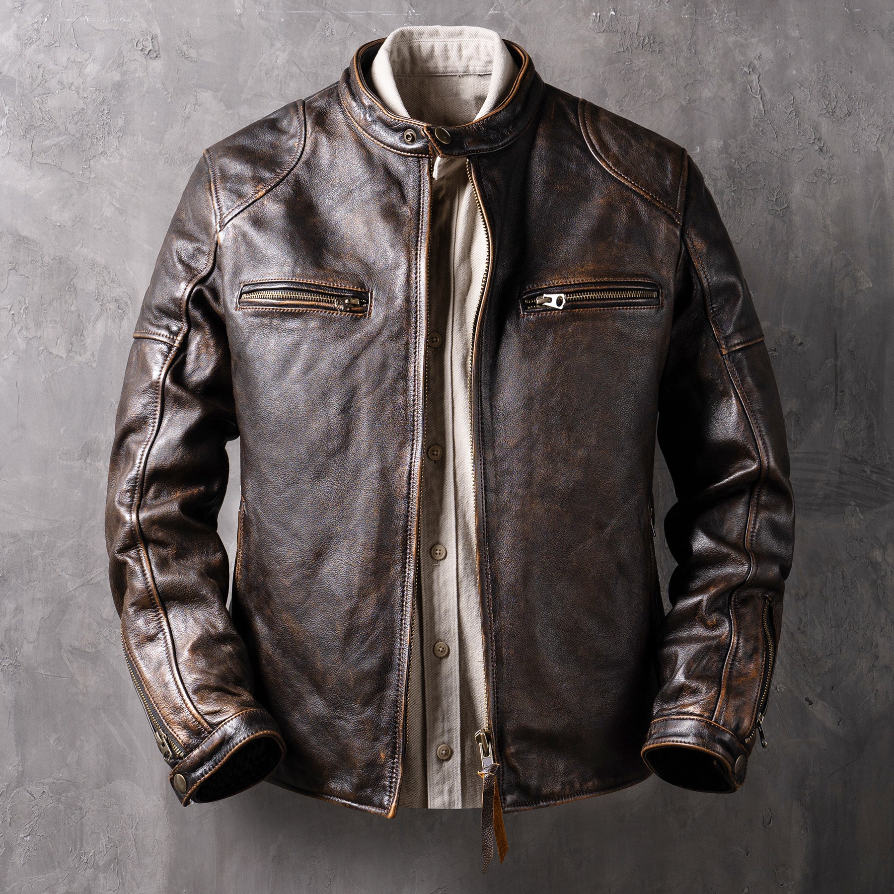 New genuine leather jacket short top layer cowhide biker jacket men's stand-up collar slim jacket thin