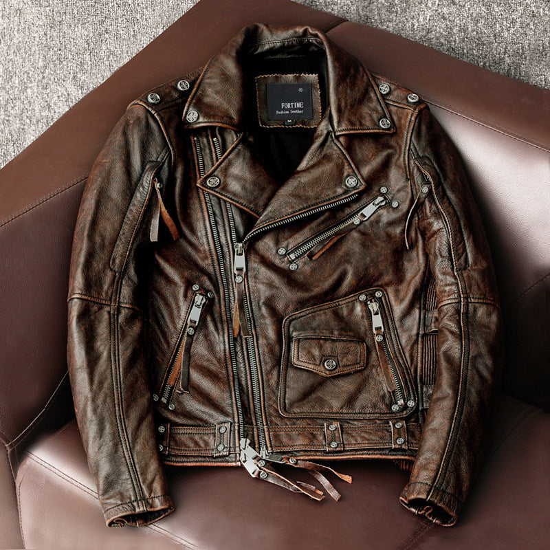 Harley heavy motorcycle uniform pure top layer cowhide leather jacket men's cycling suit multi-zip leather jacket jacket